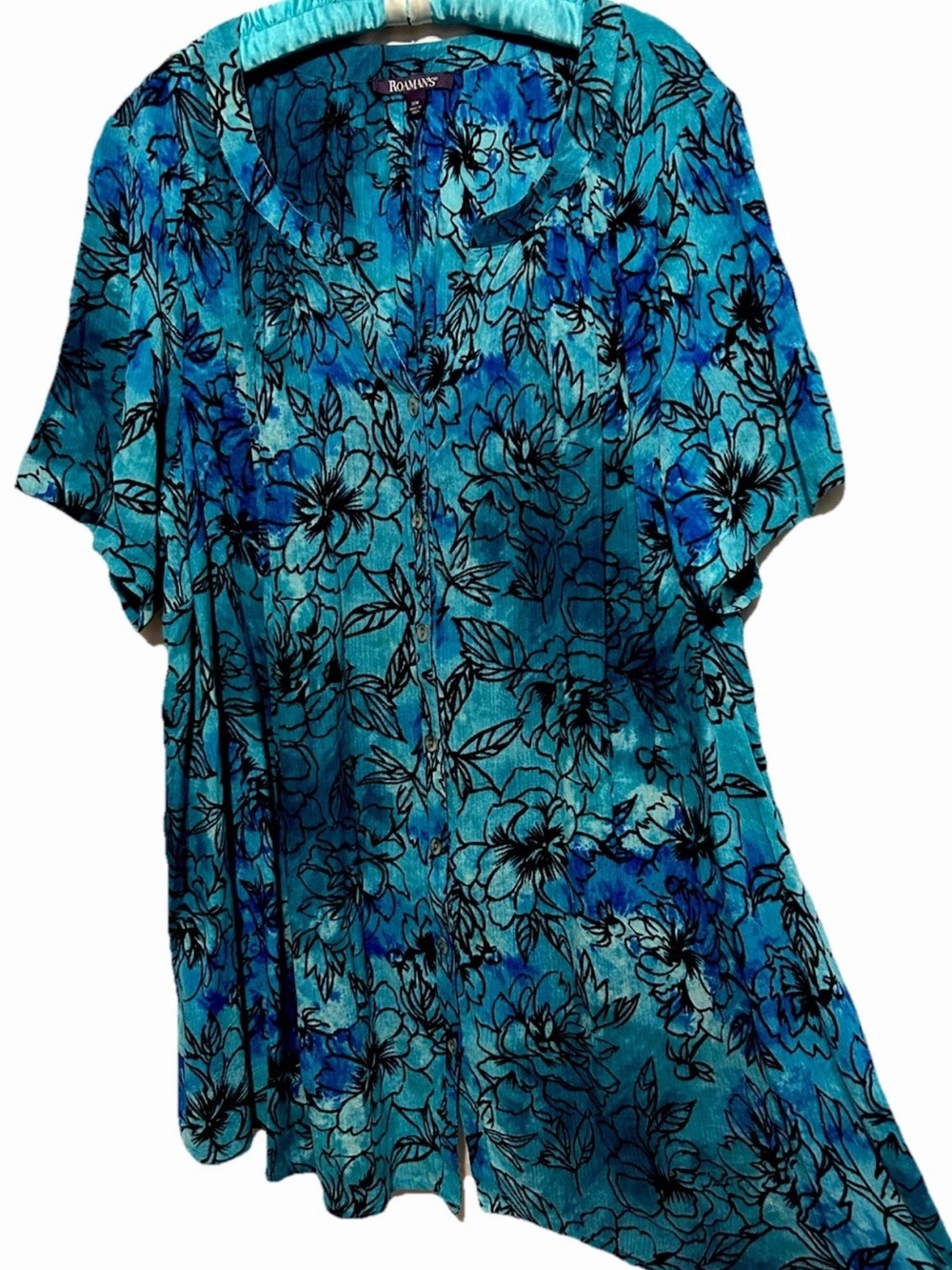 Roaman’s Top 30 Teal Floral Button Down Flowy Rayon Shirt Blouse Plus Size 30W